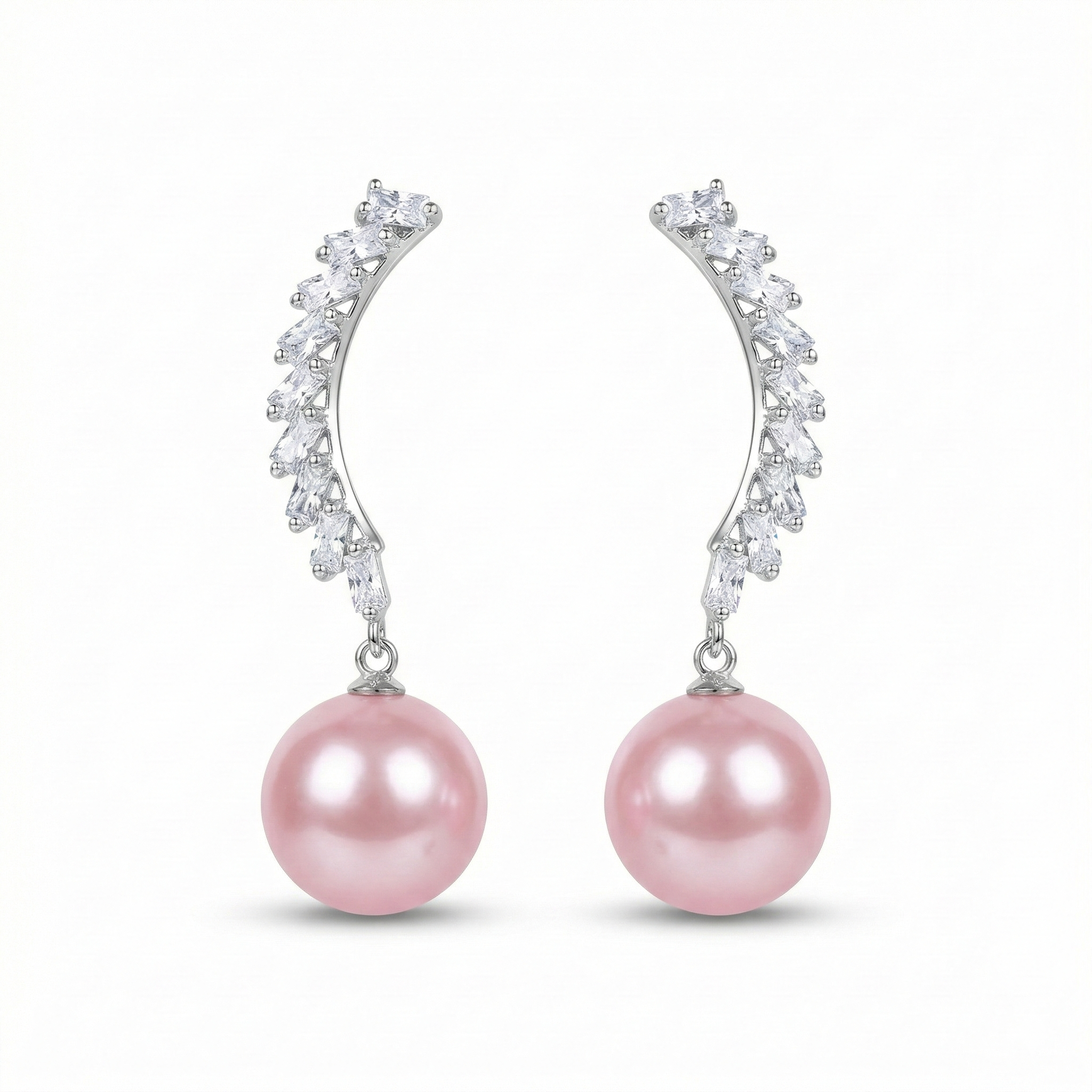 Pink Pearl & Zirconia Silver Arch Earrings