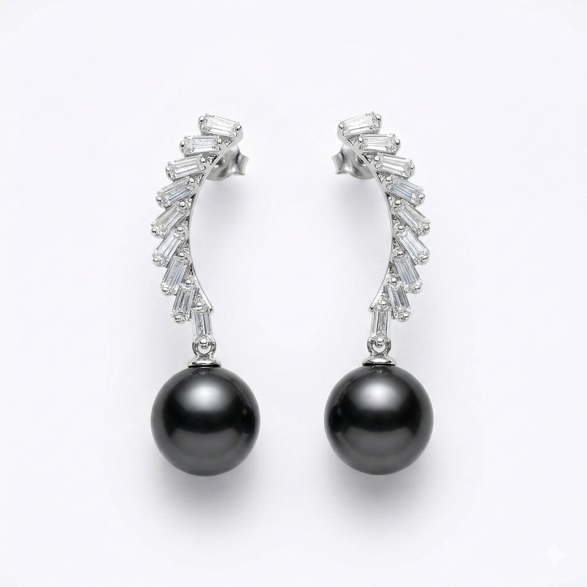 Black Pearl & Zirconia Silver Arch Earrings