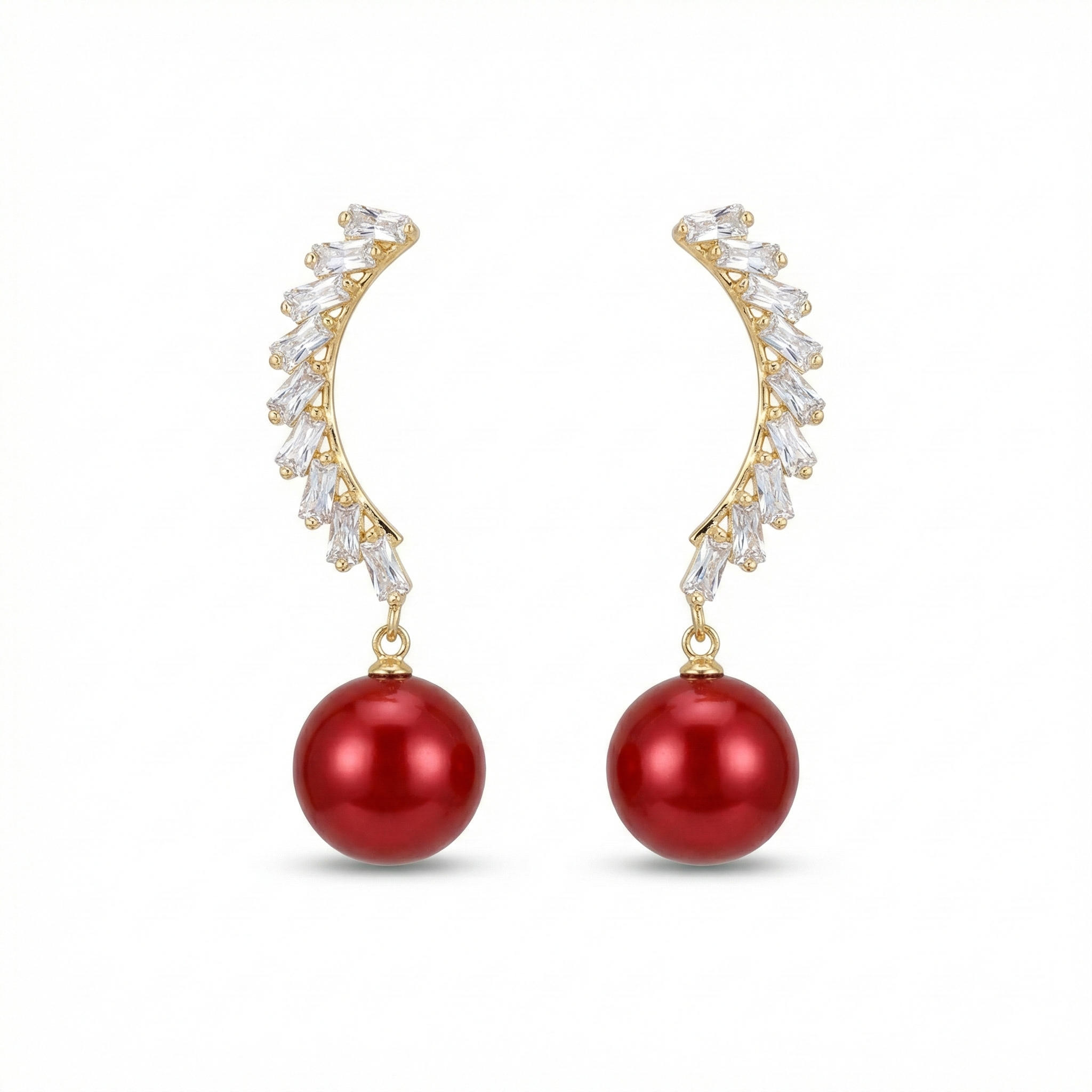 Deep Red Pearl & Gold Baguette Arch Earrings