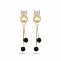 Gold Bow & Black Sphere Tassel Earrings