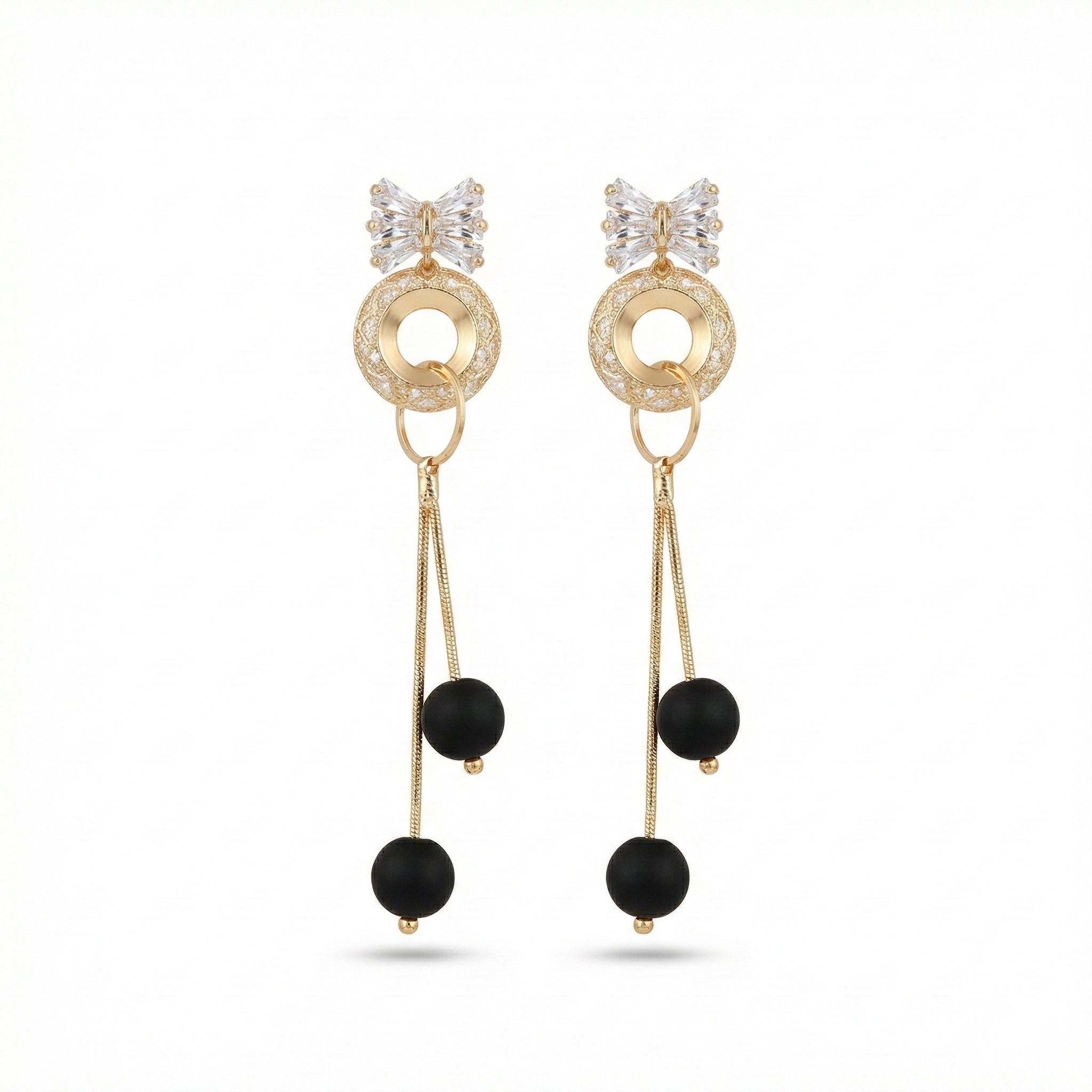 Gold Bow & Black Sphere Tassel Earrings