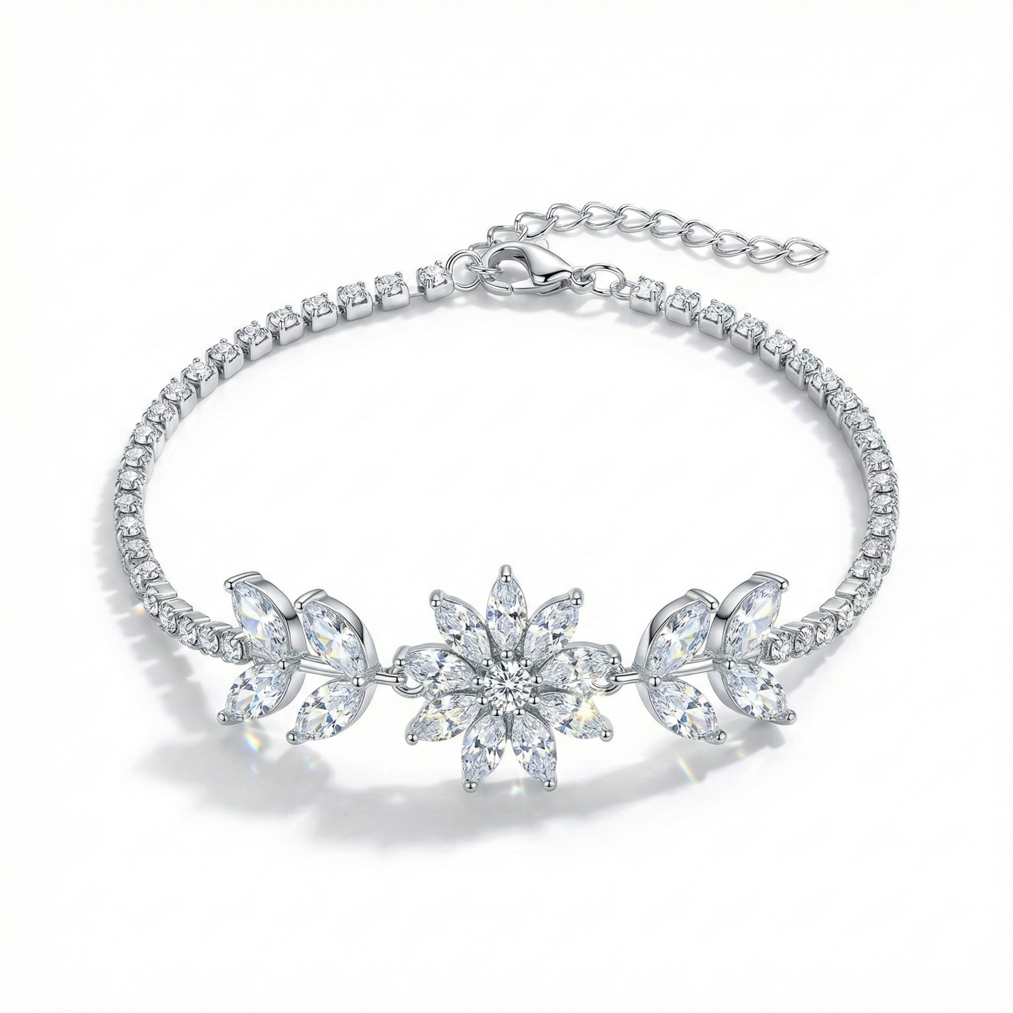 Silver Crystal Flower & Leaf Tennis Bracelet - Adjustable