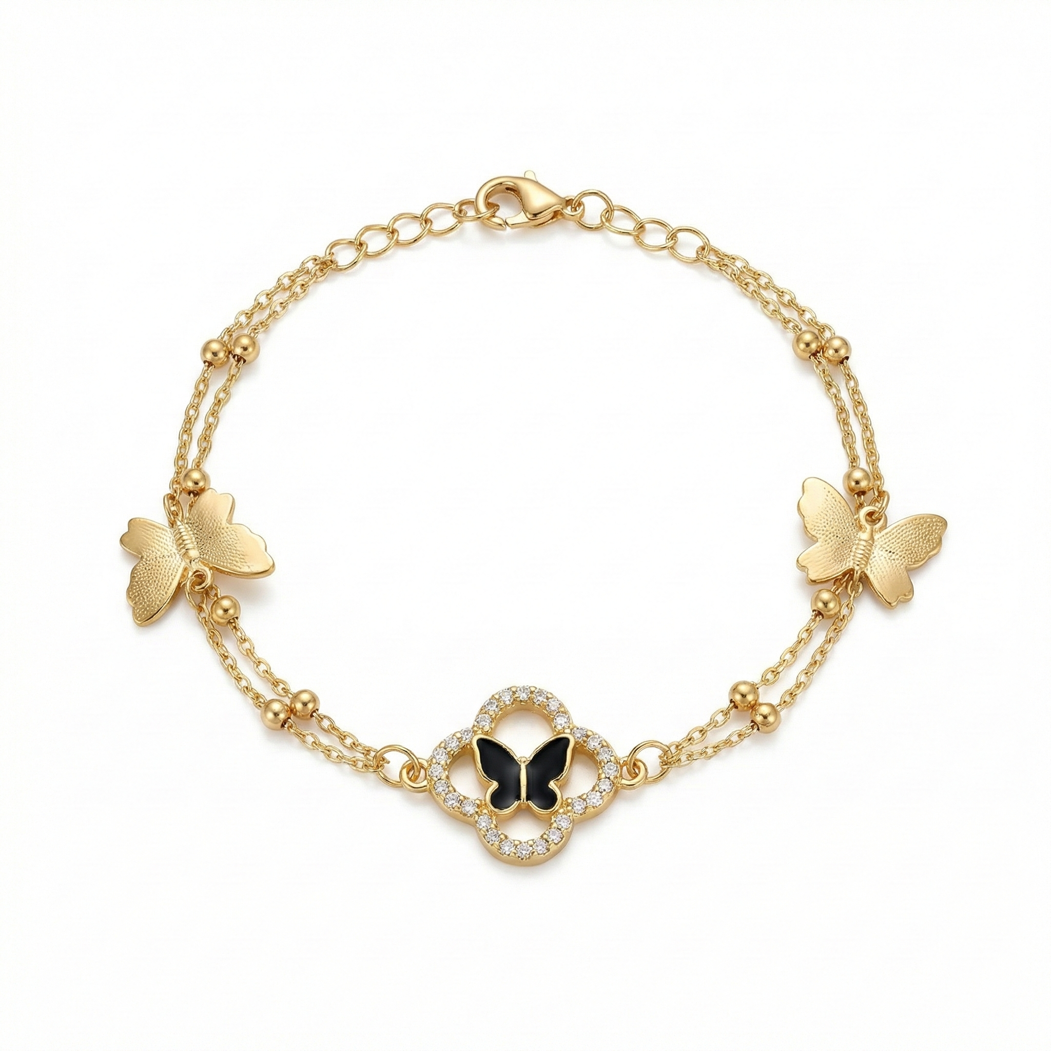 Gold Black Butterfly & Clover Layered Bracelet