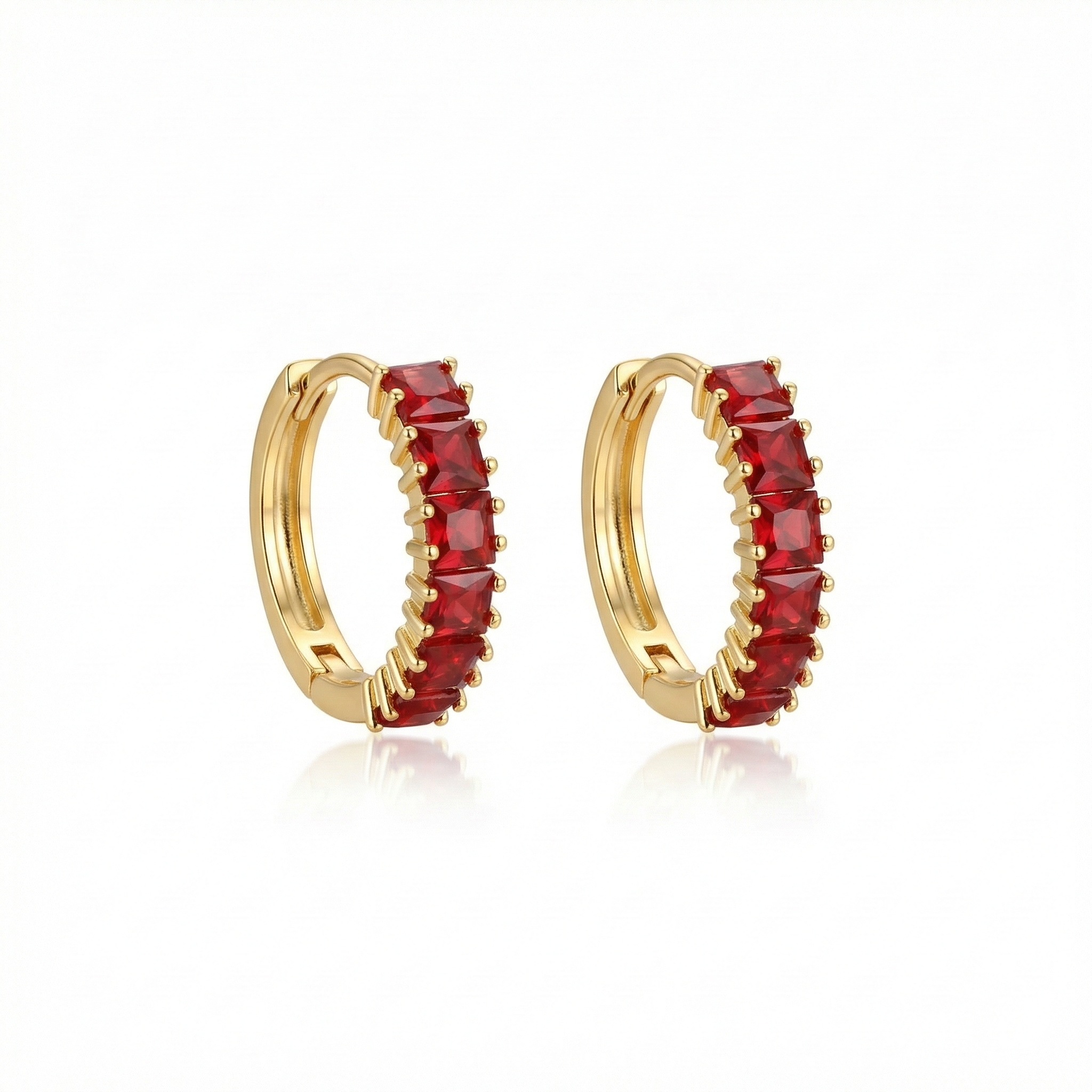Ruby Red & Gold Square Cut Small Hoops