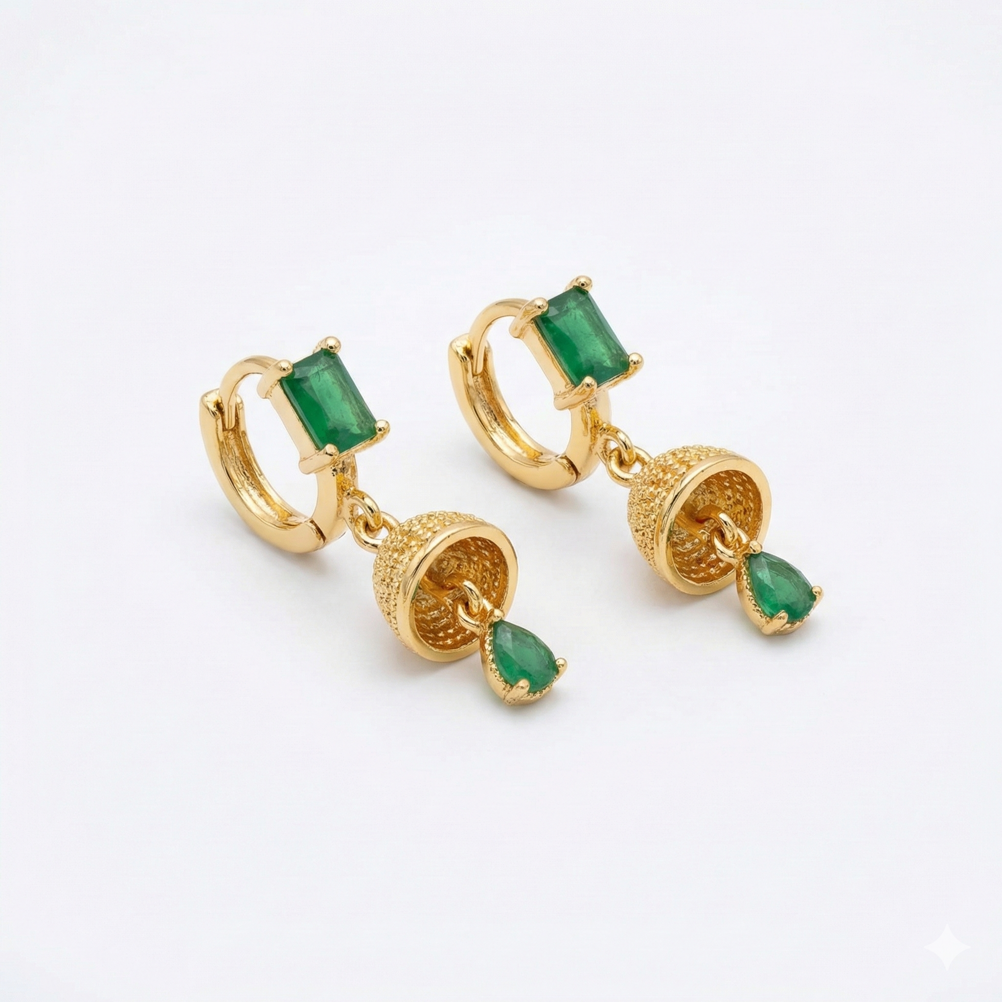 Green Emerald Cut & Bell Dangle Gold Huggies